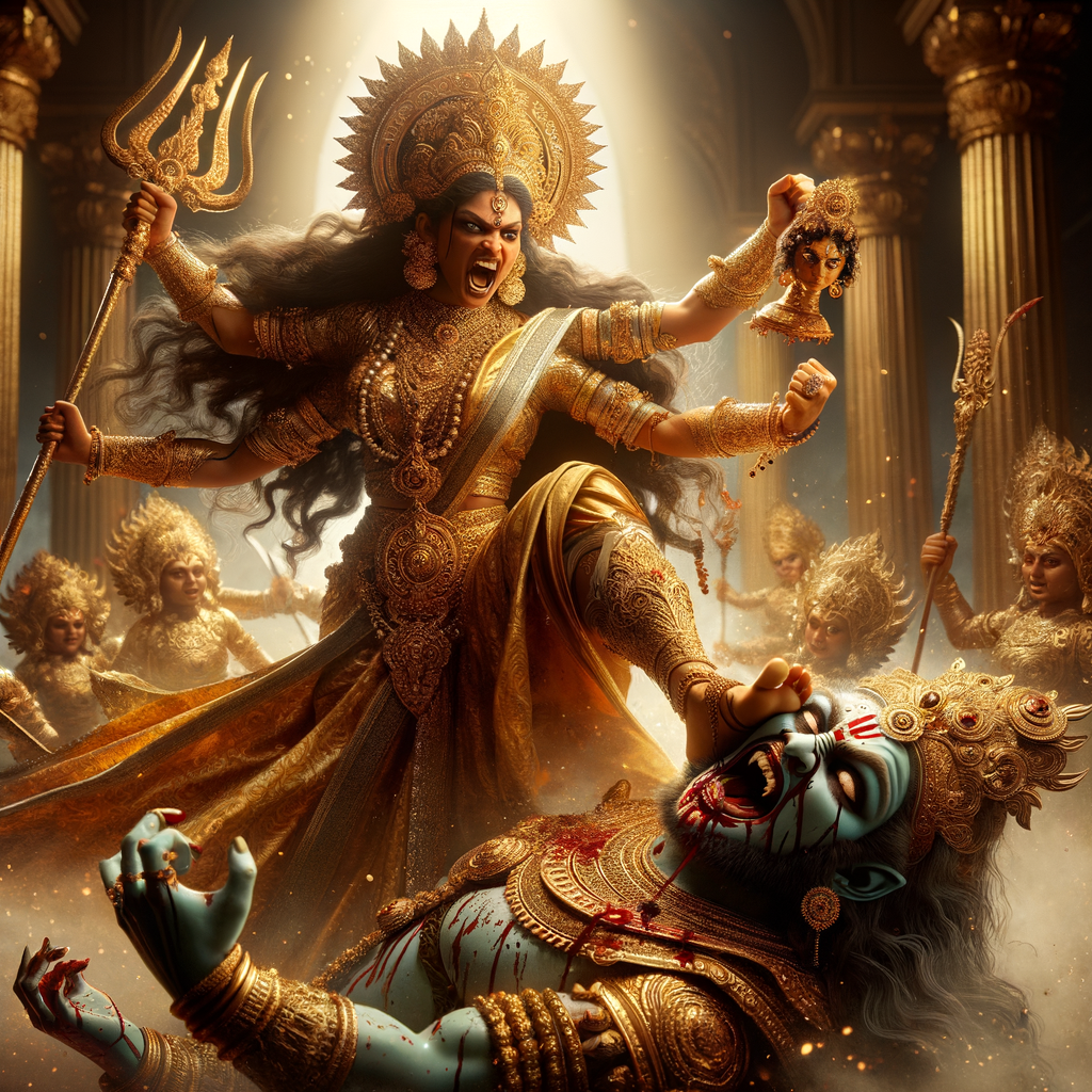 portrait of angry looking goddess durga placing her foot on a defeated mahishasur. She is wearing gold armor, a huge gold crown, gold saree, abundant  gold jewelry, covered in blood. The scene is set in ancient India. The image is 8K resolution, photography, cinematic, ultra detailed face and epic