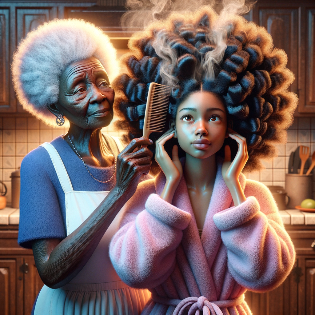 Create a realistic 3-D image of an african-American grandmother wearing a blue house dress and a white apron . She is in the kitchen with her african-American granddaughter. Her granddaughter is wearing a pink bath robe. The grandmother has a hot comb in her hand and she is straightening her granddaughters hair. One side of her granddaughters hair is in  a Afro the other straight 
There is smoke coming from the hot comb
The granddaughter is holding her ear and making a funny face