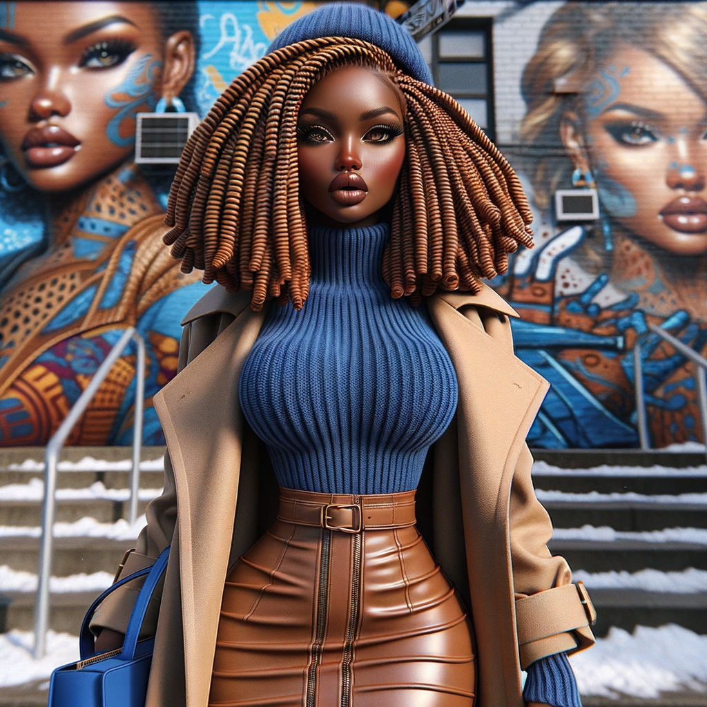 Street art, black wall African American curvy woman warm honey skin tone, full lips long volume lashes, Auburn micro braids butt length, brown siren eyes, blue nails,she’s wearing a tan leather skirt, royal blue turtleneck sweater, boots, long trench coat, fuzzy royal blue hat, blue bag, winter breeze, standing on the steps in a sophisticated pose, high definition contrast colors