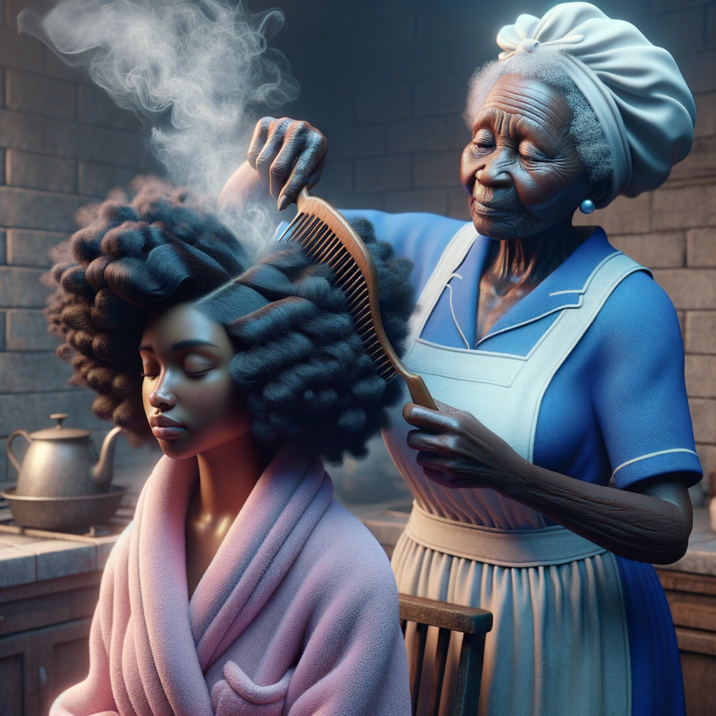 Create a realistic 3-D image of an african-American grandmother wearing a blue house dress and a white apron . She is in the kitchen with her african-American granddaughter. Her granddaughter is wearing a pink bath robe. The grandmother has a hot comb in her hand and she is straightening her granddaughters hair. One side of her granddaughters hair is in  a Afro the other straight 
There is smoke coming from the hot comb
The granddaughter is making a face