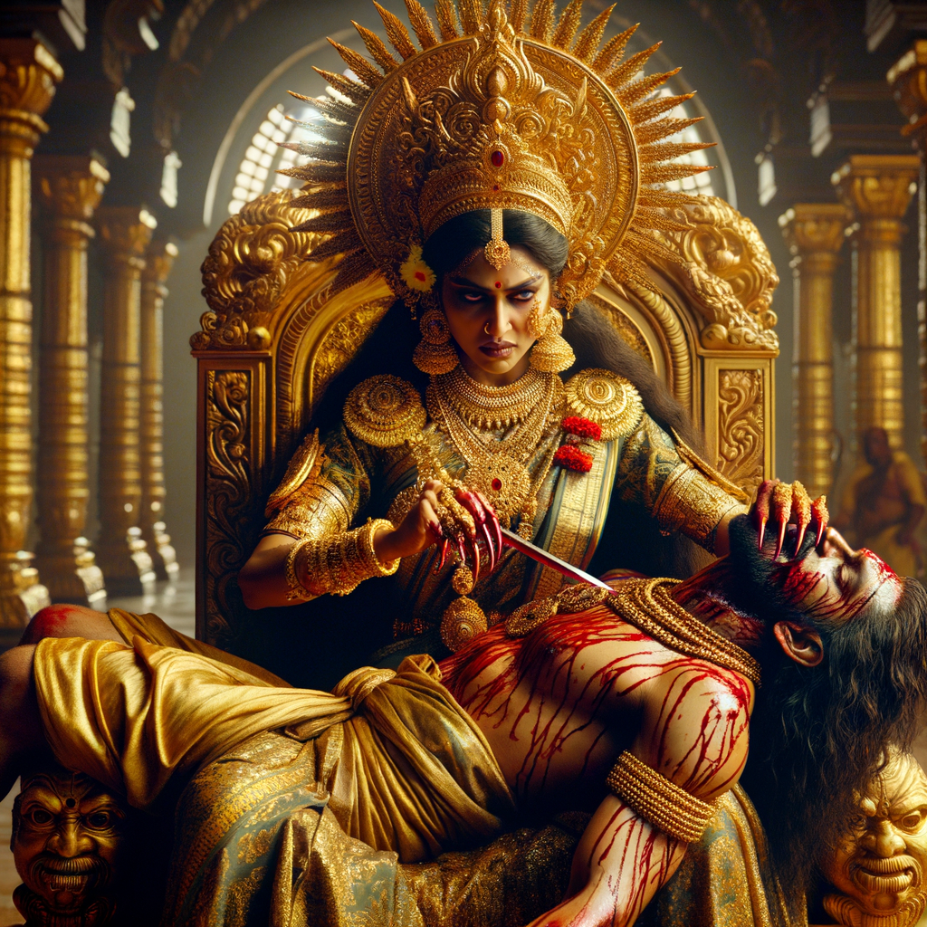 portrait of angry looking indian goddess sitting on a gold crown and carrying a weak mahishasur on her lap and poking him with her amazingly long red fingernails. She is wearing gold armor, a huge gold crown, gold saree, abundant  gold jewelry, covered in blood. The scene is set in ancient India. The image is 8K resolution, cinematic, photography, ultra detailed face and epic.