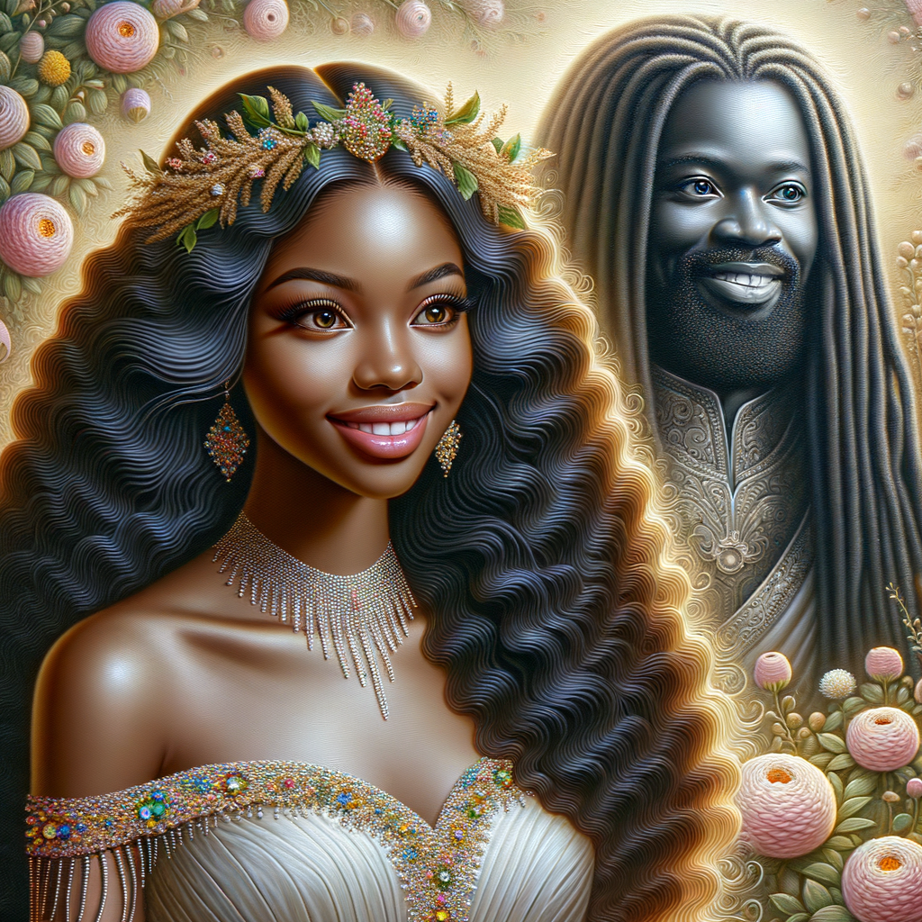 Create a 3-D realistic oil, painting of a beautiful African-American bride. She has long flooring, wavy hair and her gown has beautiful jewels around the neckline. in the background there is a beautiful African-American Jesus Christ with long dreadlocks, and he is smiling. He is very handsome pastel flowers throughout the image.