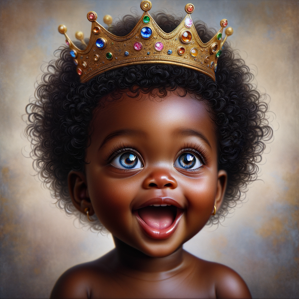 "Create a digital portrait of an adorable african-American baby girl with a joyful expression. She is wearing a gold crown with colorful jewels. Her big, bright blue eyes are wide with wonder, and her tiny mouth is shaped in a happy grin. Her skin has a warm, honey-brown tone, and she has an abundance of thick curly black hair, The background is soft and neutral to keep the focus on her delightful features. The portrait should be vibrant and heartwarming, celebrating the innocence and charm of childhood."