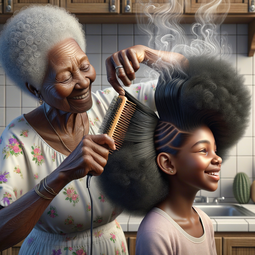 Create a realistic 3-D image of an african-American grandmother in the kitchen with her african-American granddaughter. The grandmother has a hot comb in her hair and she is straightening her granddaughters hair. One side of her granddaughters hair is in  a Afro the other is bone straight 
There is smoke coming from the hot comb