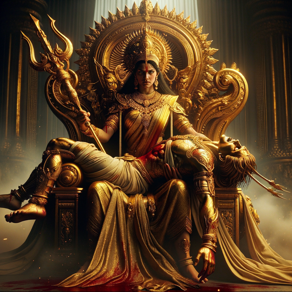 portrait of angry looking goddess durga sitting on a gold crown and carrying a weak mahishasur on her lap and stabbing him with her amazingly designed trident. She is wearing gold armor, a huge gold crown, gold saree, abundant  gold jewelry, covered in blood. The scene is set in ancient India. The image is 8K resolution, cinematic, ultra detailed face and epic.