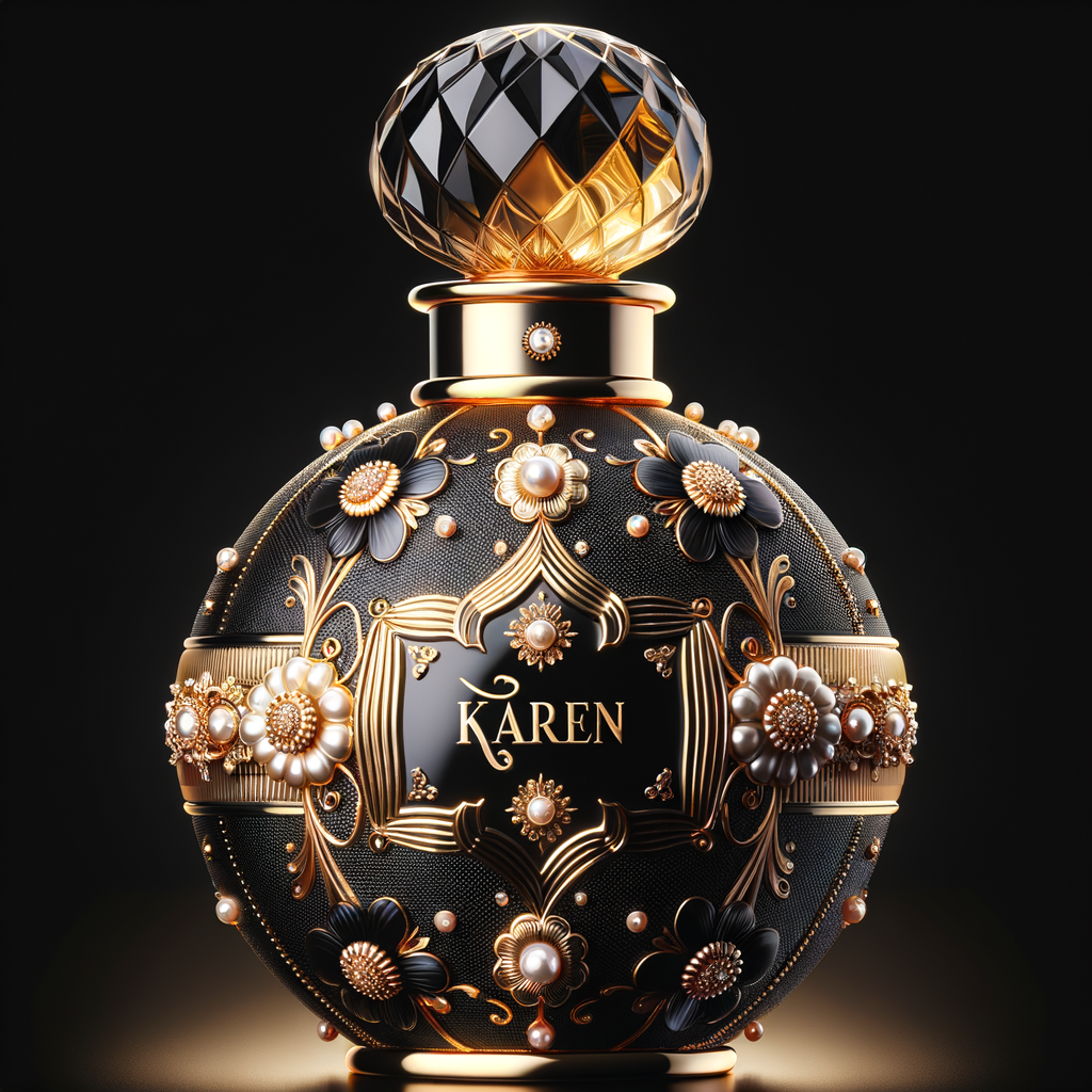 Design a fancy, black and gold bottle of perfume in the shape of a woman’s body. With a golden diamond top, flowers pearls and Diamonds in the name, Karen