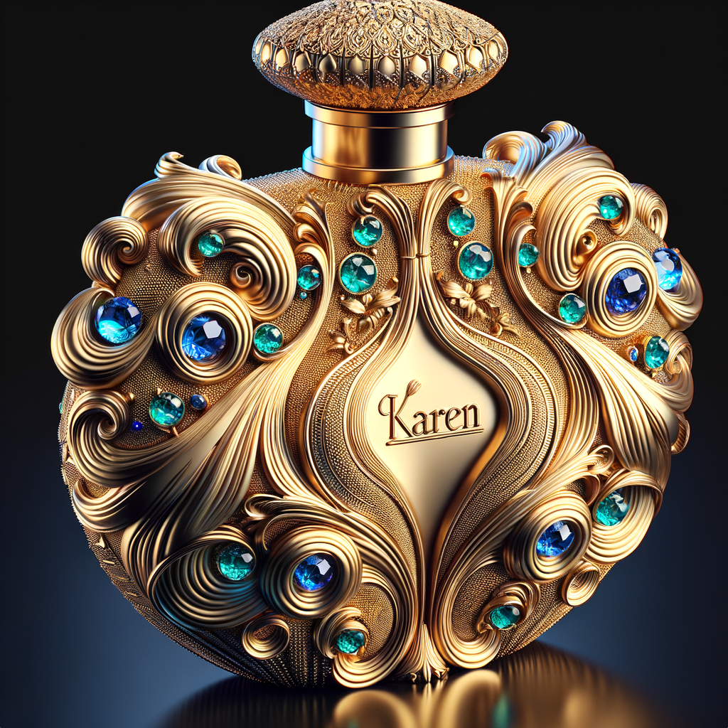 Create a 3-D realistic gold and  blue, colorful jewels perfume bottle
In the shape of a women’s body with the name Karen