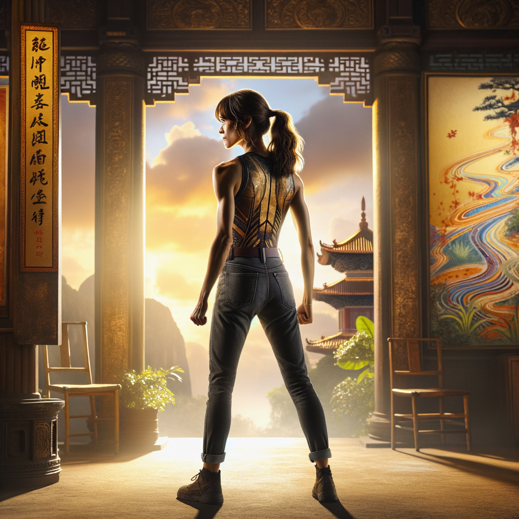 Athletic Thin skinny Attractive, Asian teenage girl, long brown hair and bangs, wearing tight skinny jeans and a halter top paint marks on her clothing, heroic pose Asian graffiti background, backside view