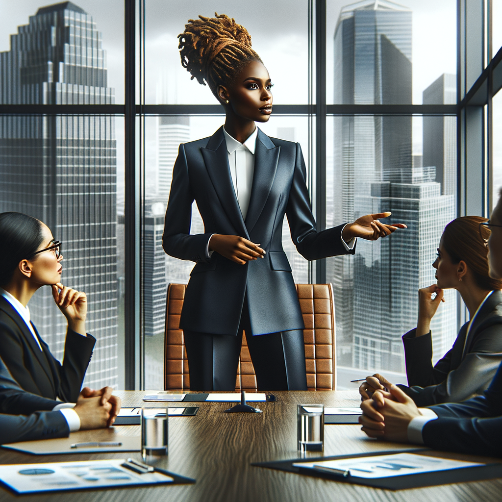 Describe a sophisticated Black woman with a caramel 
complexion, styled locs, and a sleek business suit, leading 
a boardroom discussion on environmental sustainability in 
a sleek urban office building."