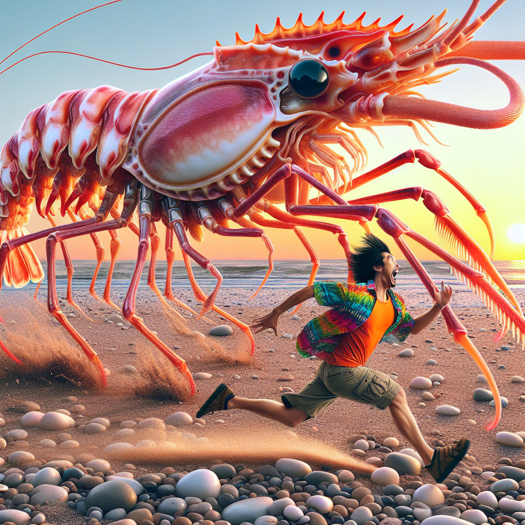 Anamorphic shrimp chasing a person