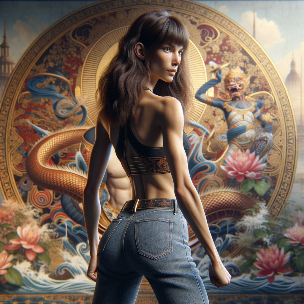 Athletic Thin skinny Attractive, Asian teenage girl, long brown hair and bangs, wearing tight skinny jeans and a halter top paint marks on her clothing, heroic pose Asian graffiti background, backside view