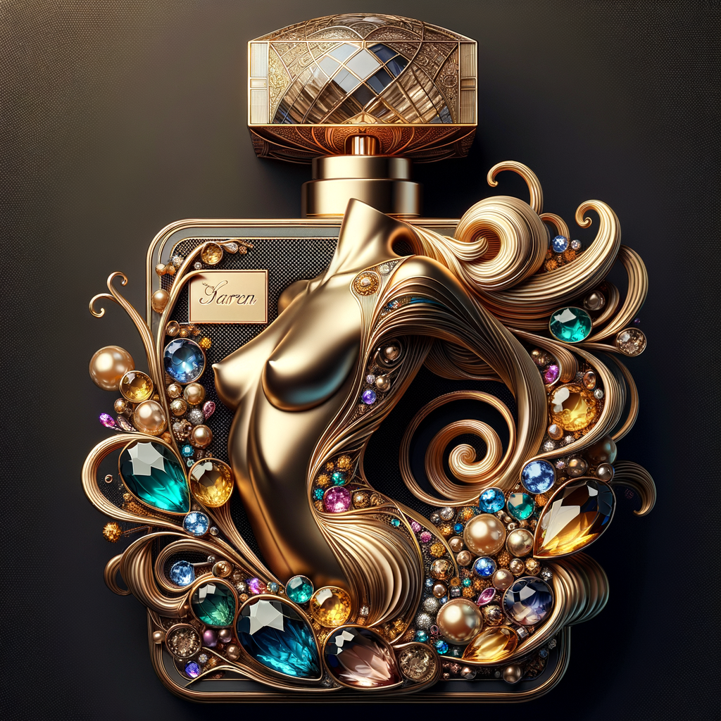 Create a 3-D realistic gold and  blue, colorful jewels perfume bottle
In the shape of a women’s body with the name Karen