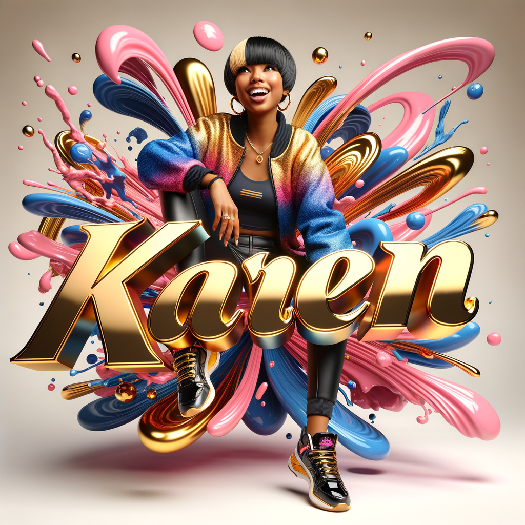 3D writing name "KAREN" bold glossy gold. There is a beautiful African-American latino woman, smiling with a black and blonde pixie cut hairdo,blue and gold trendy jacket and outfits in blue, pink, and gold tones, sport shoes, sitting under the name. Her outfits are glossy. dynamic color explosion background, of pink, blue, gold colors, splashed on white wall