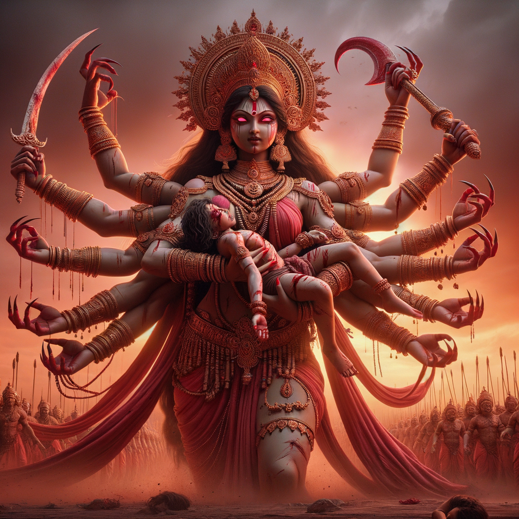 Portrait of angry and gorgeous goddess durga slaying mahishasur by carrying him like a baby and stabbing him with her red long nails.  Goddess Durga should have eight arms. she should wear Gold jewelry all over the body. Mahishasur should have wounds all over his body. mahishasur should be smaller in size compared to Goddess durga. Background is an intense battlefield. reddish hue everywhere and sunset in the background.  Epic scene. 4k, HDR. Photography