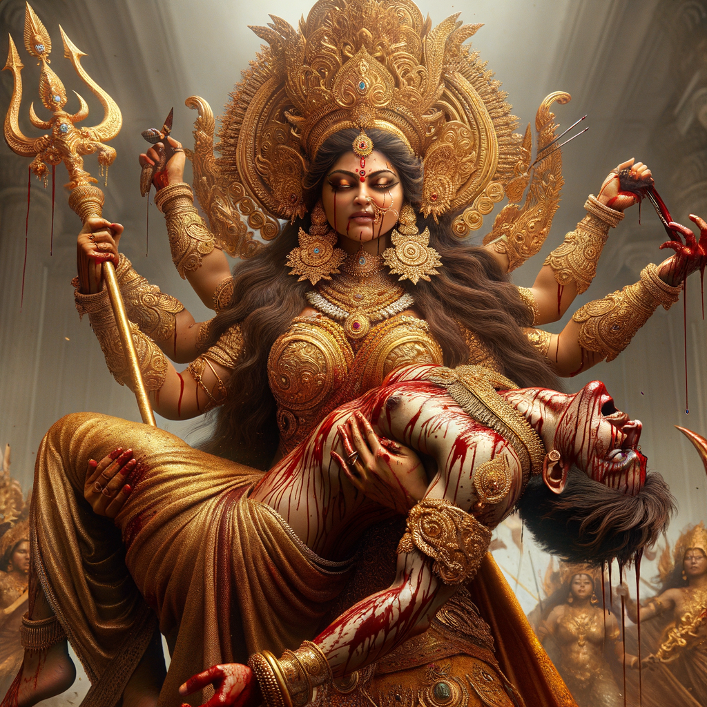 portrait of angry looking goddess durga slaying a weak mahishasur by carrying him in her arms and stabbing him with her amazingly designed trident. She is wearing gold armor, a huge gold crown, gold saree, abundant  gold jewelry, covered in blood. The scene is set in ancient India. The image is 8K resolution, cinematic, ultra detailed face and epic.