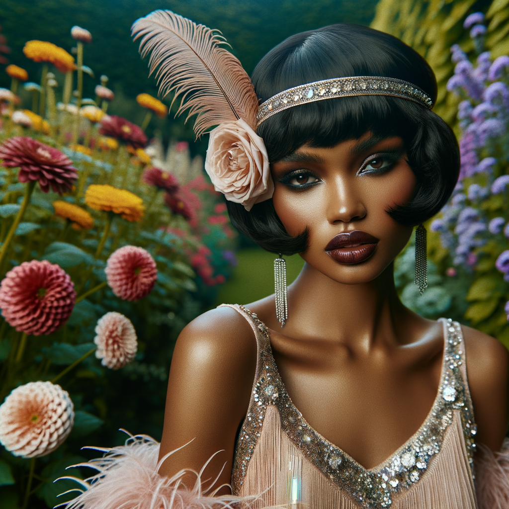 Create an Light skin African-American flapper women from the 1920s
With beautiful flowers in the background