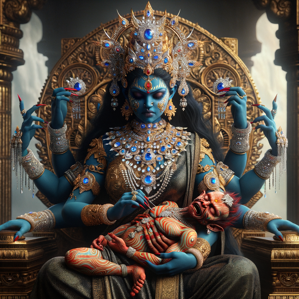 portrait of angry looking, four-armed indian goddess blue skinned sitting on a gold crown and carrying a weak mahishasur on her lap and poking his abdomen with her amazingly long red fingernails . She is wearing diamond armor, a huge diamond crown, black saree, abundant  diamond jewelry, covered in blood. The scene is set in ancient India. The image is 8K resolution, cinematic, photography, ultra detailed face and epic.