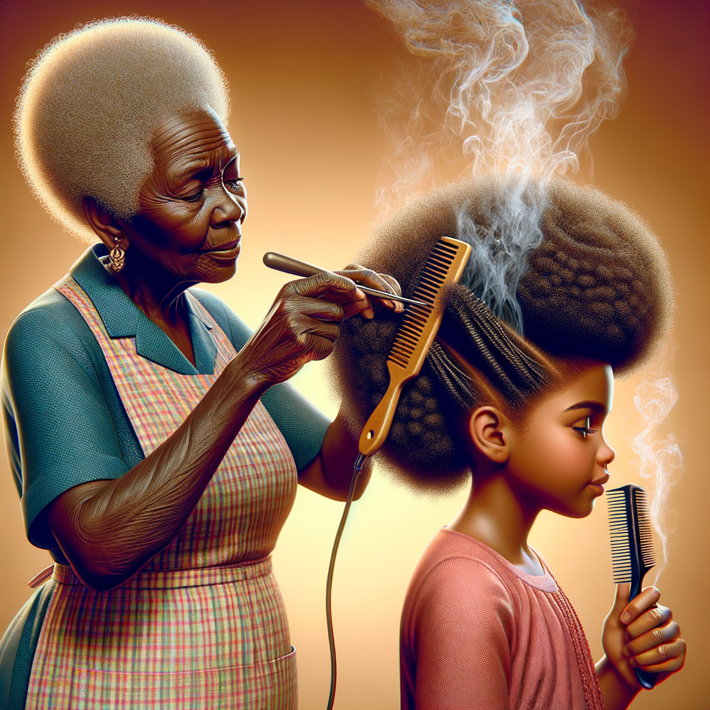 Create a realistic 3-D image of an african-American grandmother in the kitchen with her african-American granddaughter. The grandmother has a hot comb in her hair and she is straightening her granddaughters hair. One side of her granddaughters hair is in  a Afro the other is bone straight 
There is smoke coming from the hot comb