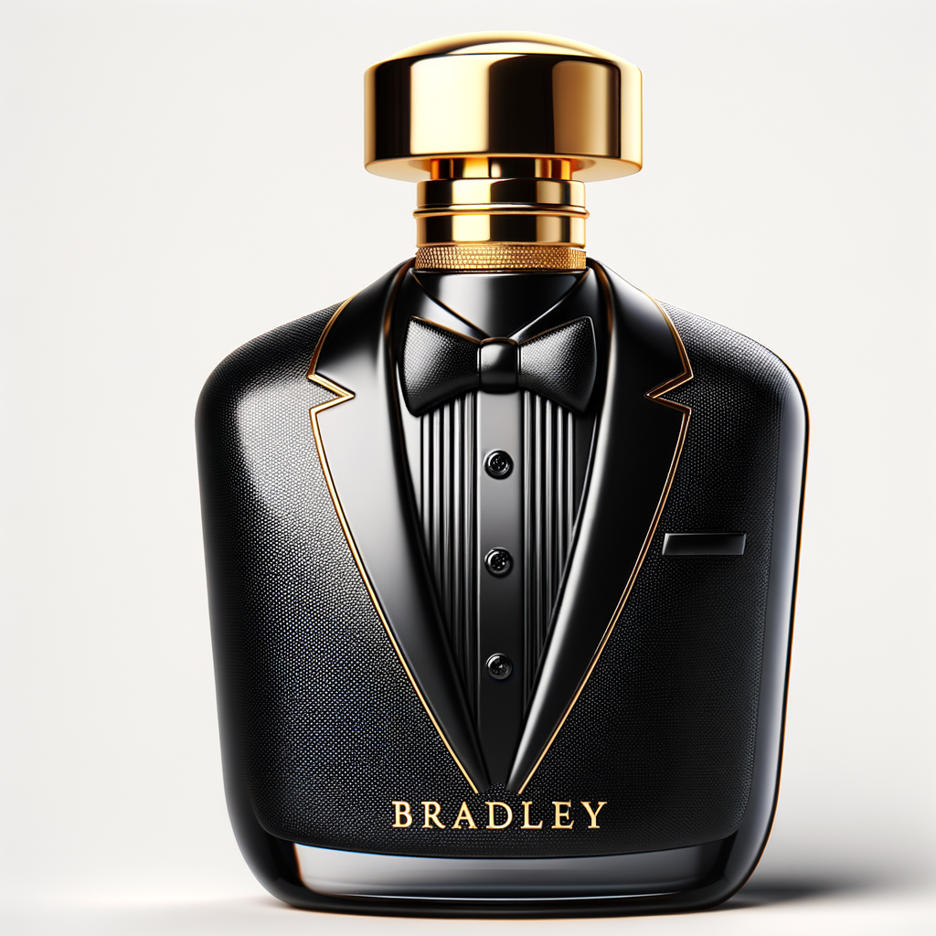 Create a realistic, 3-D cologne bottle That looks like a black Gucci tuxedo with a gold top and the name Bradley written in gold letters