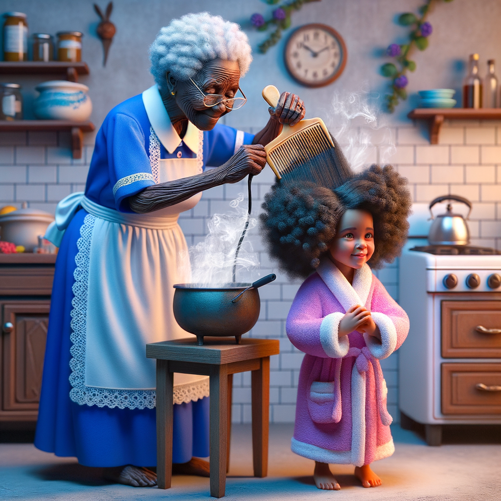 Create a realistic 3-D image of an african-American grandmother wearing a blue house dress and a white apron . She is in the kitchen with her african-American granddaughter. Her granddaughter is wearing a pink bath robe. The grandmother has a hot comb in her hand and she is straightening her granddaughters hair. One side of her granddaughters hair is in  a Afro the other straight 
There is smoke coming from the hot comb
The granddaughter is making a face