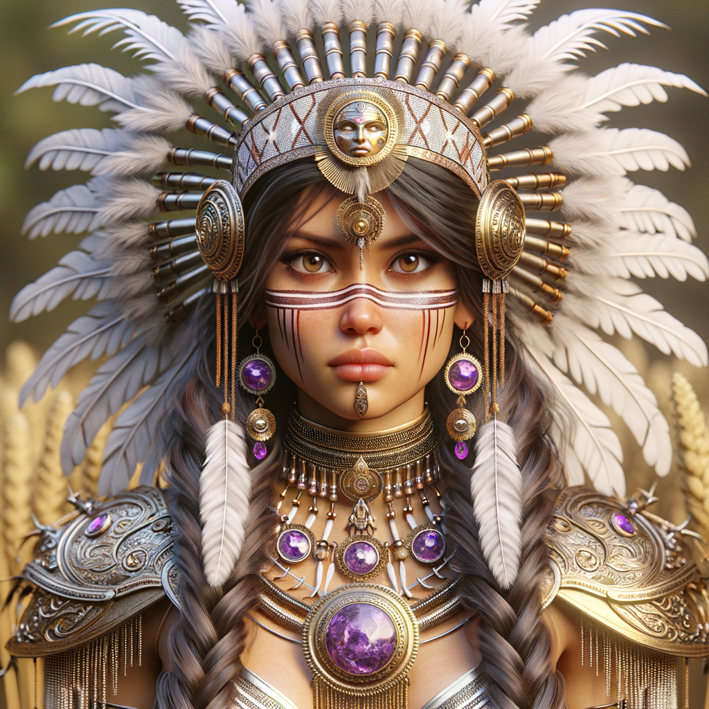 Create a 3-D beautiful, majestic Indigenous woman with a richly detailed headdress made of white feathers and beaded headband adorned with purple gems. Her dark brown hair is styled in long, thick braids that fall over her shoulders. She has face paint below her eyes and is adorned with elaborate golden jewelry, including a necklace with a prominent sun pendant, intricate chest armor, and dangling earrings with purple jewels. The background suggests a natural, earthy setting with hints of golden wheat, enhancing her regal and warrior-like presence."