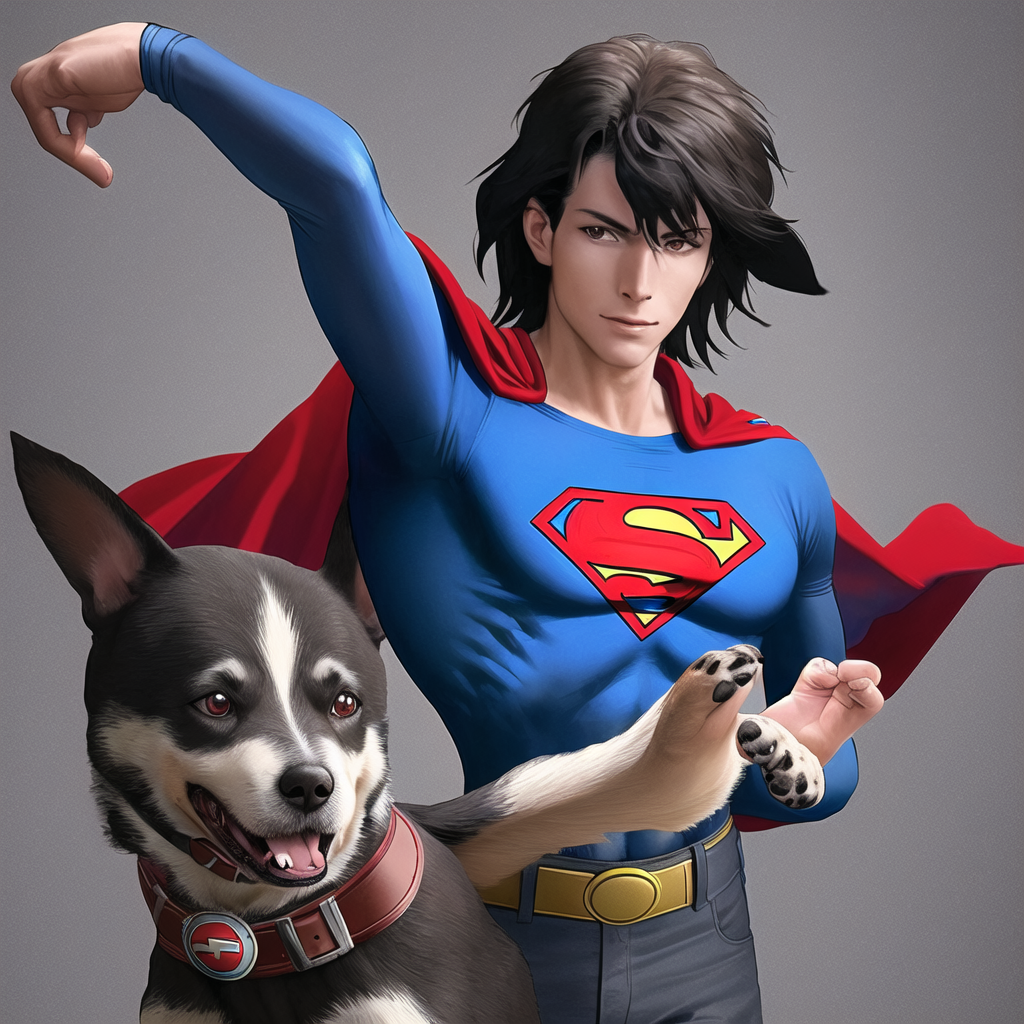 Create image of a dog wearing a Superman cape with the leather D on it