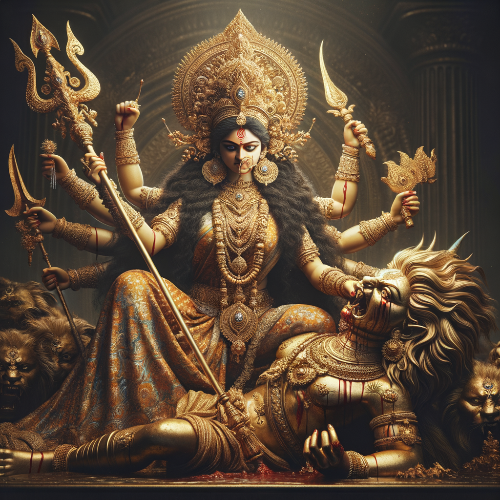 photograph of angry looking goddess durga sitting on a gold crown and carrying a weak mahishasur on her lap and stabbing him with her amazingly designed trident. She is wearing gold armor, a huge gold crown, gold saree, abundant  gold jewelry, covered in blood. The scene is set in ancient India. The image is 8K resolution, cinematic, ultra detailed face and epic.