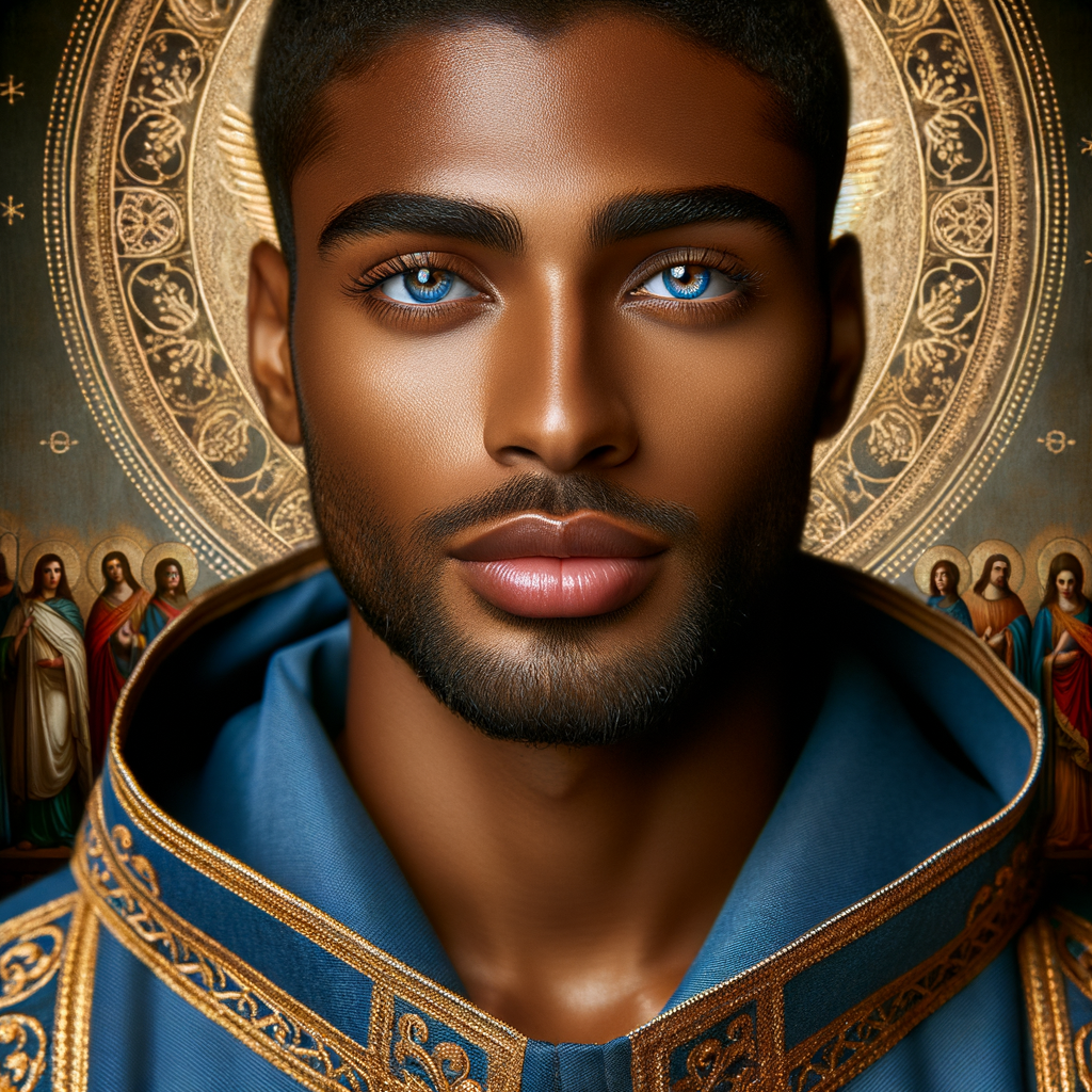 Create handsome African-American, Jesus, with Hazel Brown eyes wearing a blue and gold robe