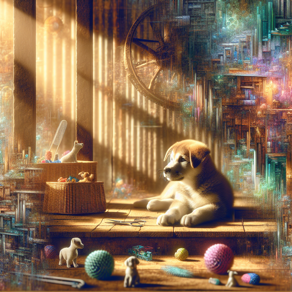 A puppy resting on a wooden porch, with a few toys scattered around and gentle sunlight casting long shadows