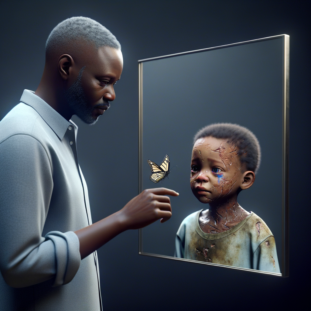 Create a 3-D realistic, adult african-American, female and male looking at themselves in the mirror but the child them has scars dirty crying and sad, with a falling butterfly