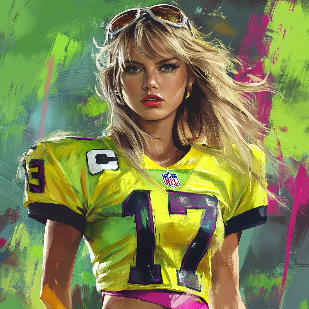 Taylor Swift  NFL player, picture in action, in GTA art style, even image with contours