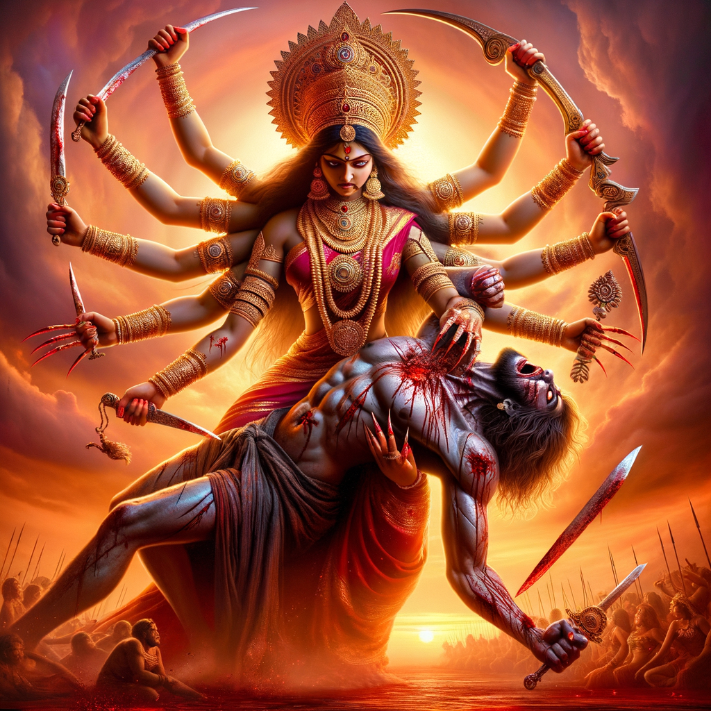 Portrait of angry and gorgeous goddess durga slaying mahishasur by carrying him like a baby and stabbing him with her red long nails.  Goddess Durga should have eight arms. she should wear Gold jewelry all over the body. Mahishasur should have wounds all over his body. mahishasur should be smaller in size compared to Goddess durga. Background is an intense battlefield. reddish hue everywhere and sunset in the background.  Epic scene. 4k, HDR. Photography