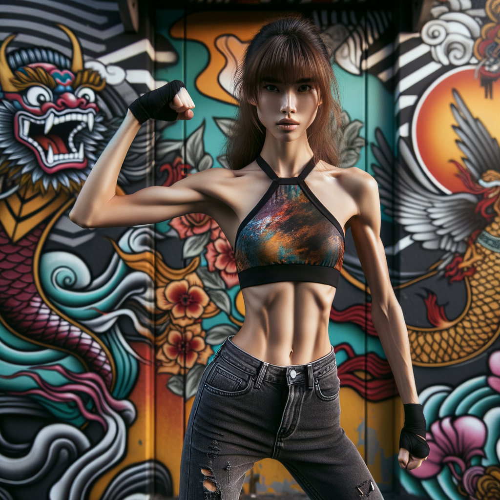 Athletic Thin skinny Attractive, Asian teenage girl, long brown hair and bangs, wearing tight skinny jeans and a halter top paint marks on her clothing, heroic pose Asian graffiti background