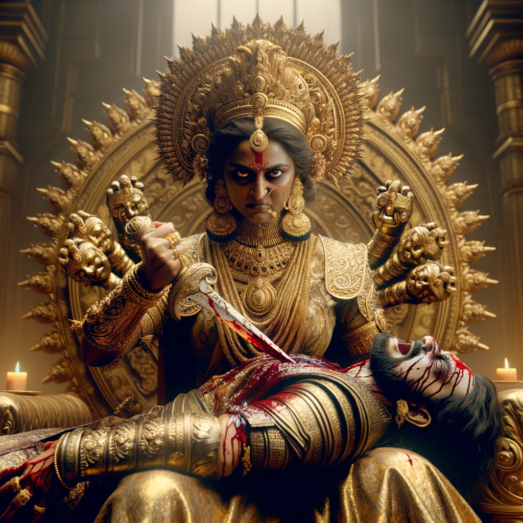 portrait of angry looking goddess durga sitting on a gold crown and carrying a weak mahishasur on her lap and stabbing him with her amazingly long fingernails. She is wearing gold armor, a huge gold crown, gold saree, abundant  gold jewelry, covered in blood. The scene is set in ancient India. The image is 8K resolution, photography, cinematic, ultra detailed face and epic