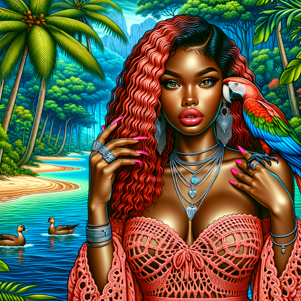 Tropical forest landscape Pretty blue exotic waters palm trees beautiful sand, ducks in the water.An Street art style image of a thick African American woman she’s wearing a Coral crochet off the shoulder dress, sandals, warm mahogany skin tone, full lips, long wispy lashes, freckles, multiple silver necklaces, rings, pink nails. wet wavy red hair, parrot on her shoulder, electrostatic art contrast colors high definition