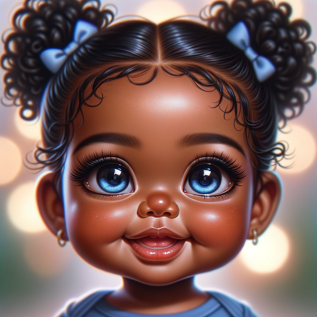 ultra realistic Chibi Style oil painting of Med olive skin  cute African-American American baby girl with deep deep dimples on both checks smiling huge, blue eyes, wearing a blue onesie two curly black pigtails with blue
 ribbons. crystal blue eyes. up-close view bokeh background

S/O Genae Kulah