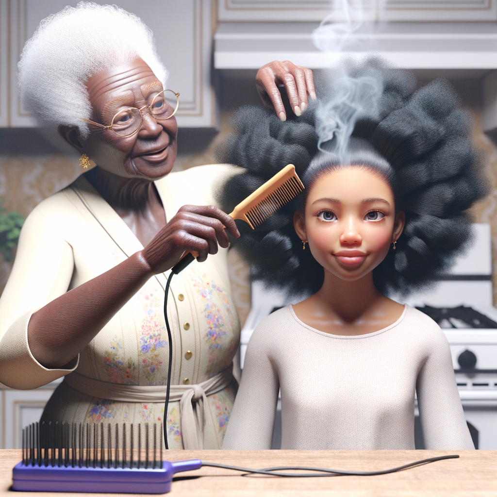 Create a realistic 3-D image of an african-American grandmother in the kitchen with her african-American granddaughter. The grandmother has a hot comb in her hair and she is straightening her granddaughters hair. One side of her granddaughters hair is in  a Afro the other is bone straight 
There is smoke coming from the hot comb