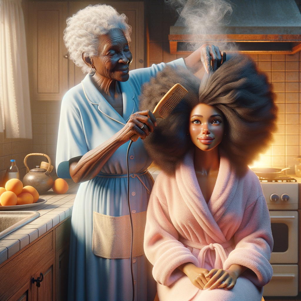 Create a realistic 3-D image of an african-American grandmother wearing a blue house dress and a white apron . She is in the kitchen with her african-American granddaughter. Her granddaughter is wearing a pink bath robe. The grandmother has a hot comb in her hand and she is straightening her granddaughters hair. One side of her granddaughters hair is in  a Afro the other straight 
There is smoke coming from the hot comb
The granddaughter is making a face