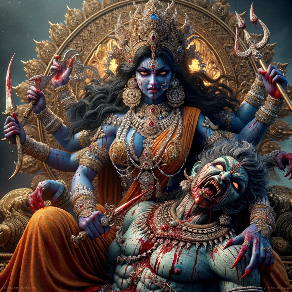 portrait of extremly angry looking goddess kali, blue skinned, sitting on a gold crown and carrying a weak mahishasur on her lap and stabbing him with her amazing red finger nails. She is wearing diamond armor, a huge diamond crown, red saree, abundant diamond jewelry, covered in blood. The scene is set in ancient India. The image is 8K resolution, cinematic, ultra detailed face and epic.