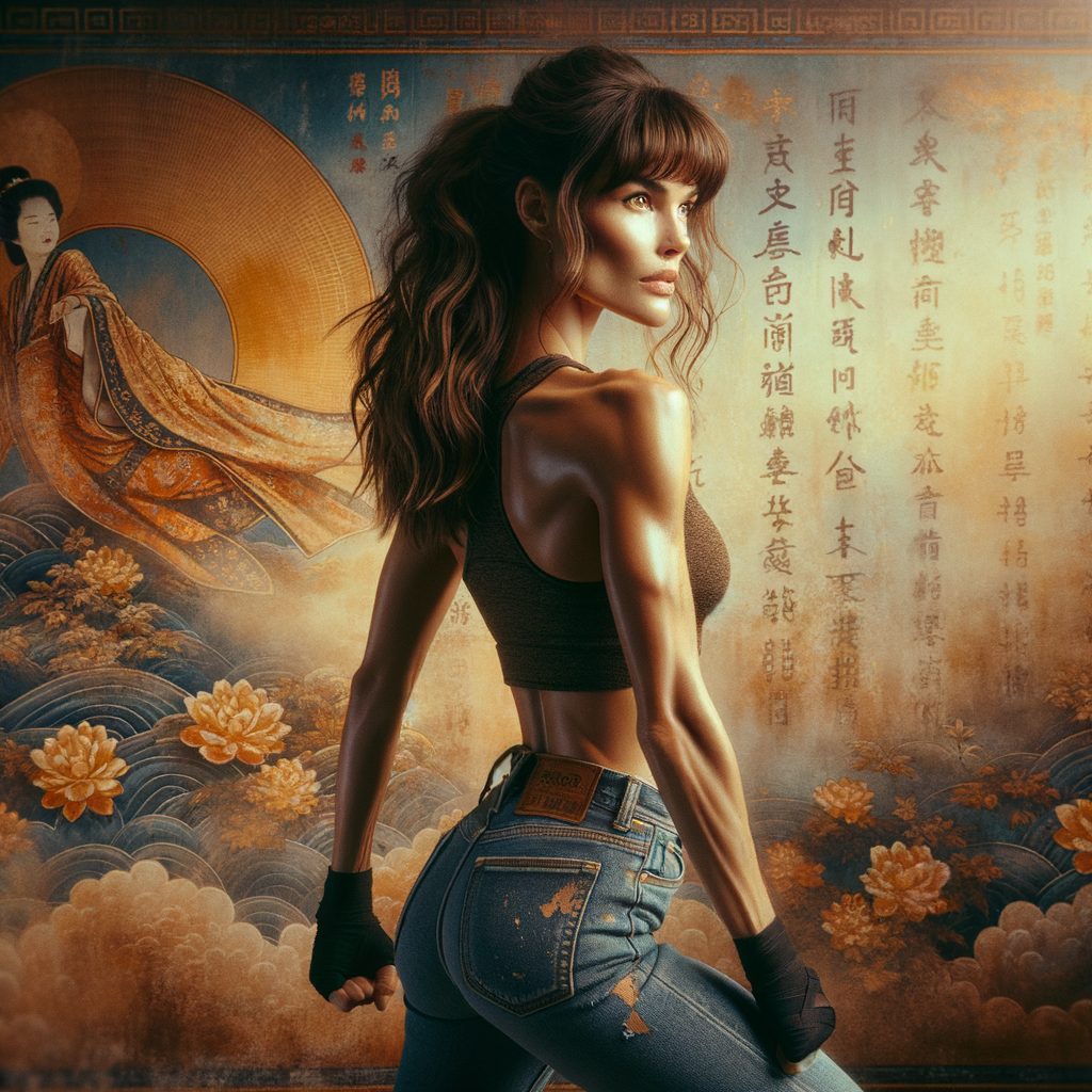 Athletic Thin skinny Attractive, Asian teenage girl, long brown hair and bangs, wearing tight skinny jeans and a halter top paint marks on her clothing, heroic pose Asian graffiti background, backside view