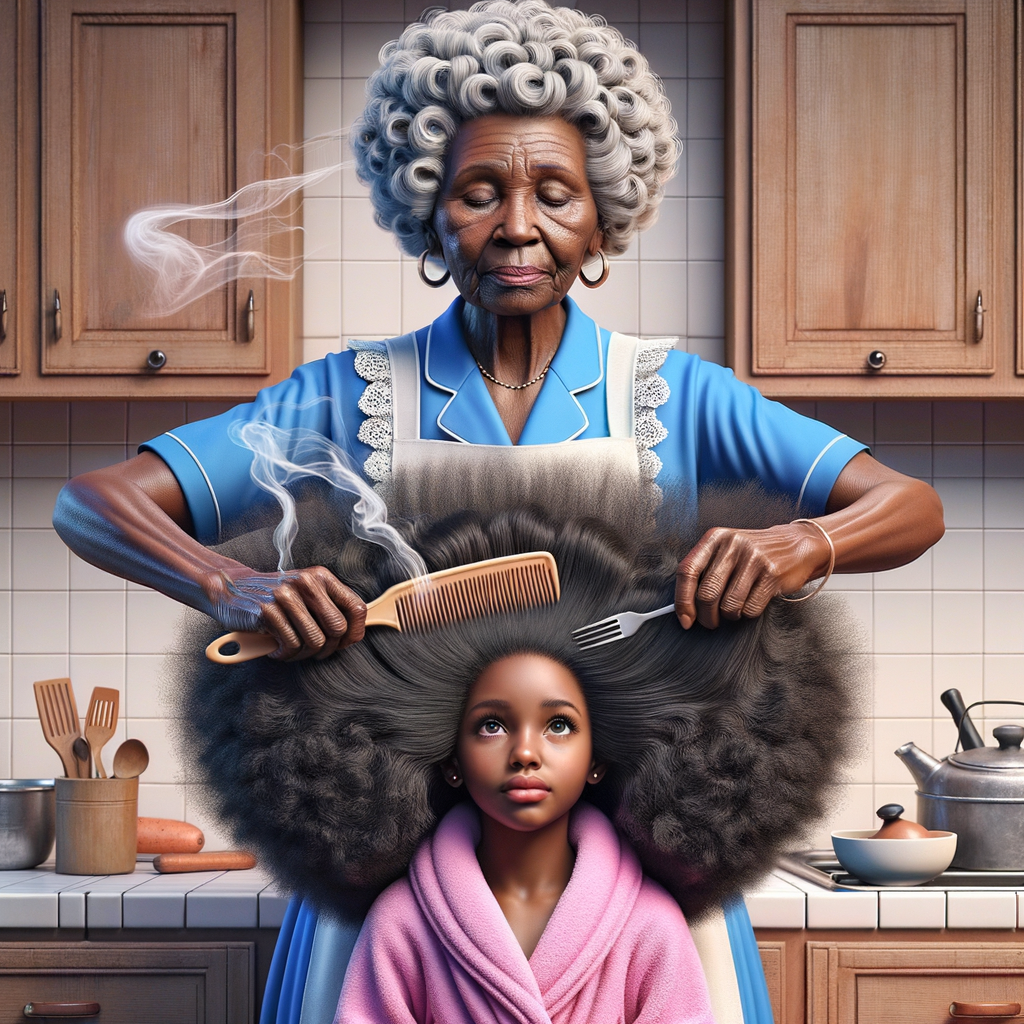 Create a realistic 3-D image of an african-American grandmother wearing a blue house dress and a white apron . She is in the kitchen with her african-American granddaughter. Her granddaughter is wearing a pink bath robe. The grandmother has a hot comb in her hand and she is straightening her granddaughters hair. One side of her granddaughters hair is in  a Afro the other straight 
There is smoke coming from the hot comb
The granddaughter is making a face