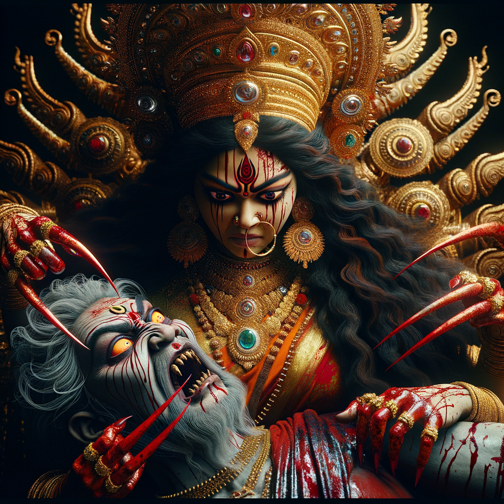 portrait of angry looking goddess durga  carrying an unfit mahishasur in her arms and poking him with her amazingly long red fingernails. She is wearing a huge gold crown, red saree, abundant  gold jewelry, covered in blood. The scene is set in ancient India. The image is 8K resolution, cinematic, ultra detailed face and epic.