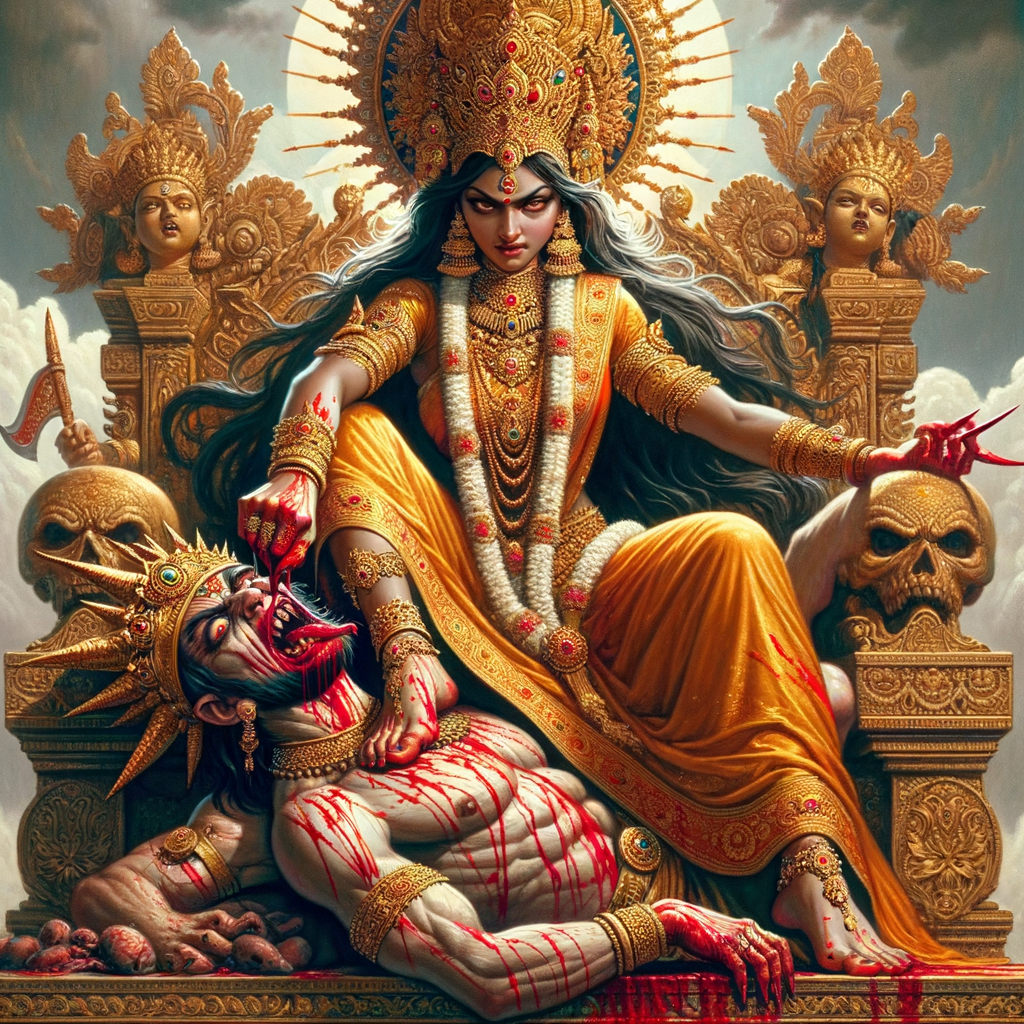 portrait of angry looking indian goddess sitting on a gold crown and carrying a weak mahishasur on her lap and poking him with her amazingly long red fingernails. She is wearing gold armor, a huge gold crown, gold saree, abundant  gold jewelry, covered in blood. The scene is set in ancient India. The image is 8K resolution, cinematic, photography, ultra detailed face and epic.