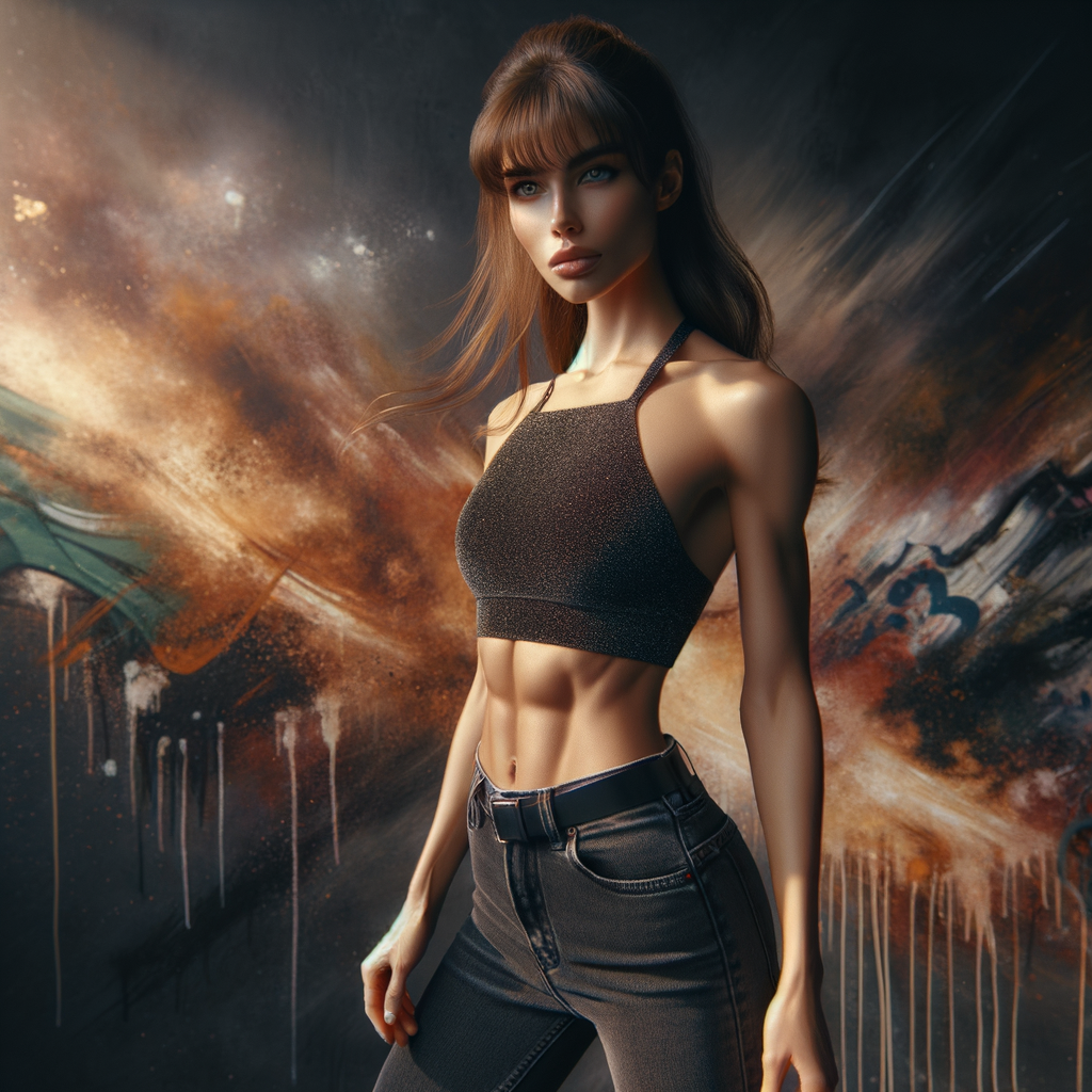 Athletic Thin skinny Attractive, Asian teenage girl, long brown hair and bangs, wearing tight skinny jeans and a halter top paint marks on her clothing, heroic pose Asian graffiti background, side view