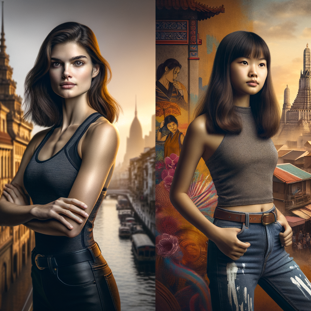 Athletic Thin skinny Attractive, Asian teenage girl, long brown hair and bangs, wearing tight skinny jeans and a halter top paint marks on her clothing, heroic pose Asian graffiti background, side view