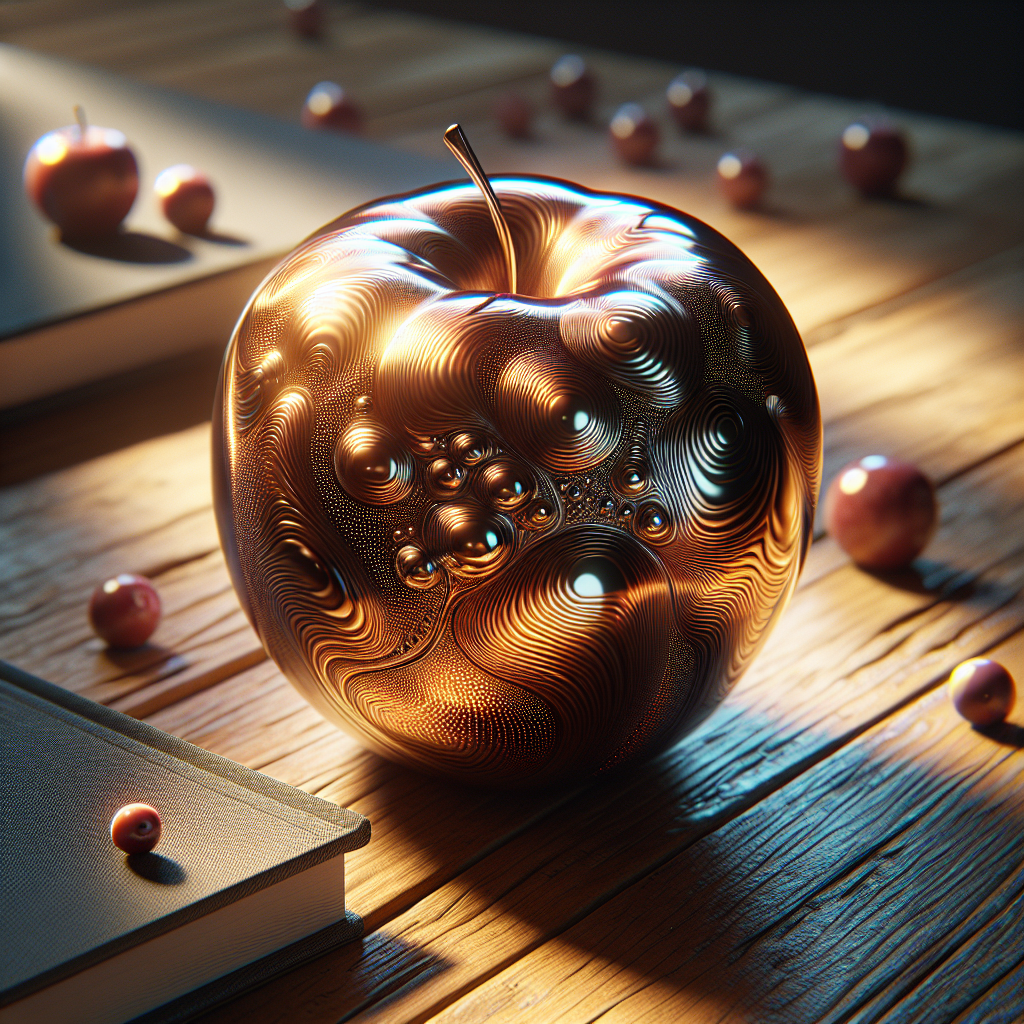 A single, glistening apple on a wooden table, light reflecting off its smooth surface