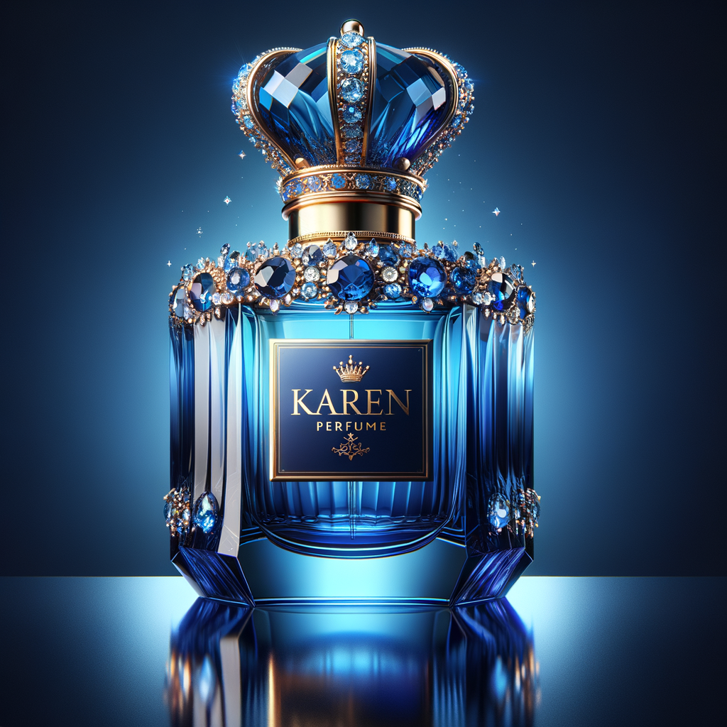 A digital illustration of a luxurious perfume bottle with a tall, faceted cap designed to mimic a deep blue gemstone, giving a sapphire-like appearance. The bottle, displaying a vivid blue color with light refraction effects, suggests the high clarity of glass. It rests on a reflective surface, hinting at the elegance of the product. A golden crown, ornately decorated with sparkling diamonds and inset with sapphire-blue gemstones, encircles the bottle's neck, adding to its opulence. The name 'KAREN' is featured in a prominent, sophisticated script on the front of the bottle, standing out against the deep blue background. The overall image conveys a sense of luxury and high fashion.