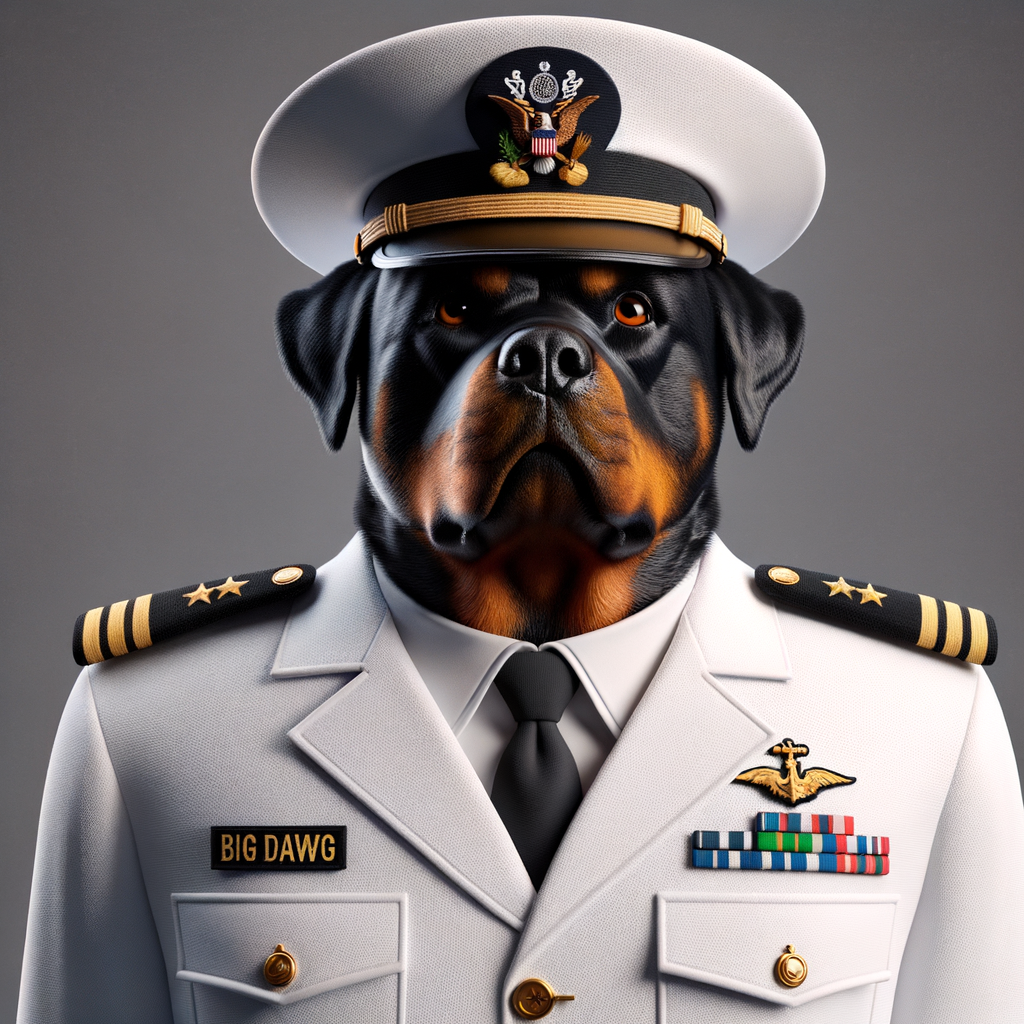 A mean Rottweiler, the Rottweiler is a US Navy officer in a white uniform, down below, spells the words BIG DAWG