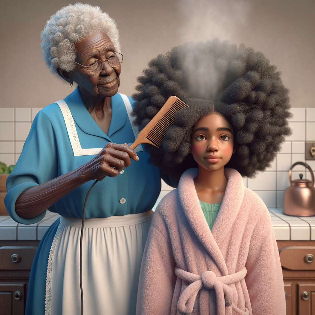 Create a realistic 3-D image of an african-American grandmother wearing a blue house dress and a white apron . She is in the kitchen with her african-American granddaughter. Her granddaughter is wearing a pink bath robe. The grandmother has a hot comb in her hand and she is straightening her granddaughters hair. One side of her granddaughters hair is in  a Afro the other straight 
There is smoke coming from the hot comb
The granddaughter is making a face