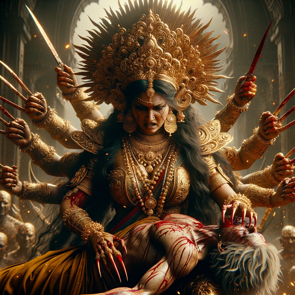 portrait of angry looking goddess durga  carrying a weak mahishasur in her two arms and stabbing him with her amazingly long red fingernails. She is wearing gold armor, a huge gold crown, gold saree, abundant  gold jewelry, covered in blood. The scene is set in ancient India. The image is 8K resolution, cinematic, ultra detailed face and epic.